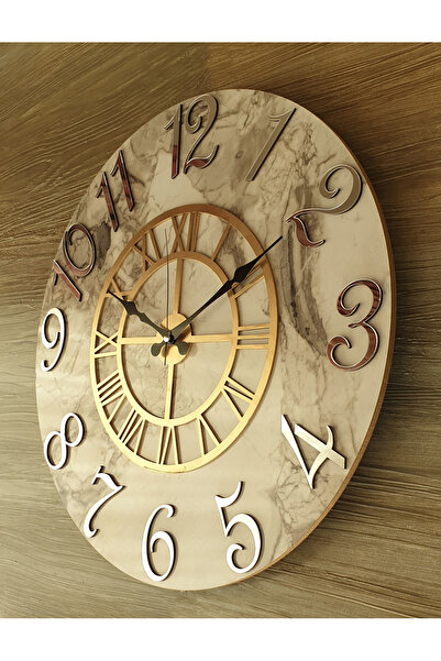 Markakanvas Mermer Desenli Aynalı Ve Altın (gold) Renkli Duvar Saati Çap 50 Cm