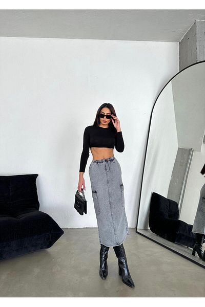 Zeo Basic Maxi Denim Skirt with Smoked Waist and Elastic Cargo Pocket