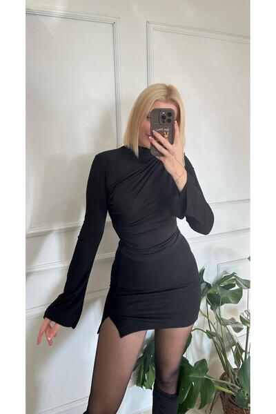 FİOXCO Holly Ispanyol Kol Ön Drapeli Dik Yaka Esnek Siyah Bluz