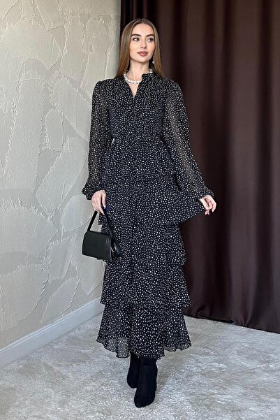 Elbee Fashion Woman Πουά φόρεμα σιφόν δαπέδου