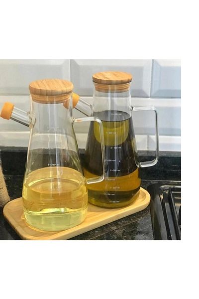 AHC LİFE Borosilicate 2-Piece Bamboo Oil Bowl 900 ml and Bamboo Base