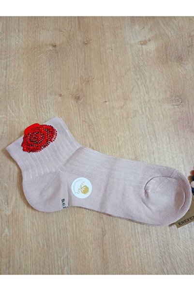 ENEFENDİ 36-40 Размер Безшевни памучни дамски чорапи с розов мотив - Gültaş Детайлни и ароматизирани с ликра