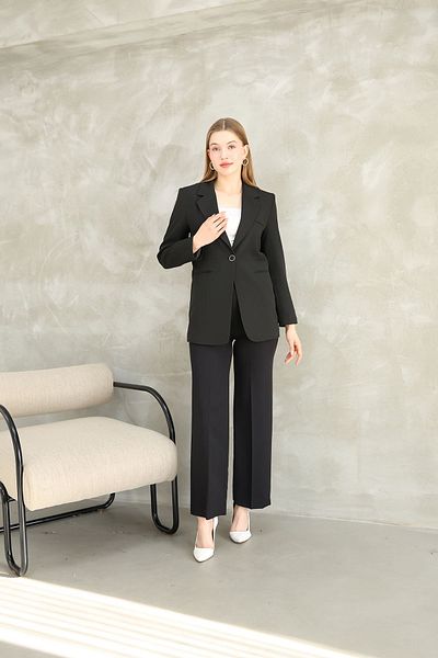 diaves Black Single Button Jacket Palazzo Pants Double Suit