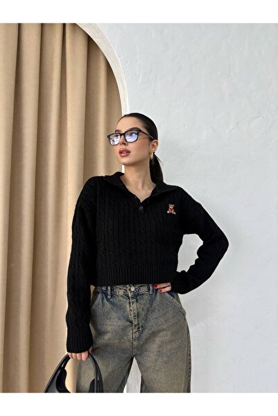 İLKCET MODA Γυναικείο κοντό πουλόβερ πλεκτό με κεντημένα μαλλιά