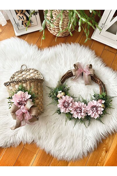 teknotrust 30 x 30 Kapı Süsü Ve Sepet Takımı Pembe Pembe Süs Hasır