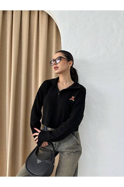 İLKCET MODA Pulover scurt de damă din tricot cu păr brodat urs