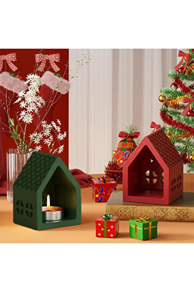 gözayn Yılbaşı Ev Dekoratif Mumluk 2li Set I Kırmızı-yeşil I Döküm Seramik Tozu