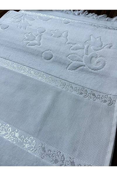 mihriban 2 Pieces 50X90 Soft Etamine - Jacquard White Fringed Hand Face Towel with Embroidery