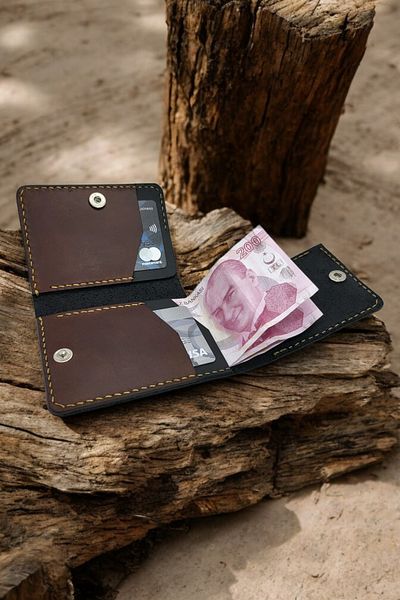 Leather Cy Nexus Black Dark Tan Unisex Genuine Leather Trifold Wallet - Name Writing and Handmade Included