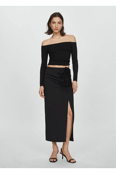 MANGO Woman Floral Applique Slit Skirt