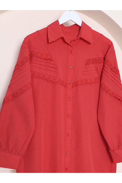 Modamorfo Oversized Buttoned Shoulder and Scalloped Front Shirt -Red