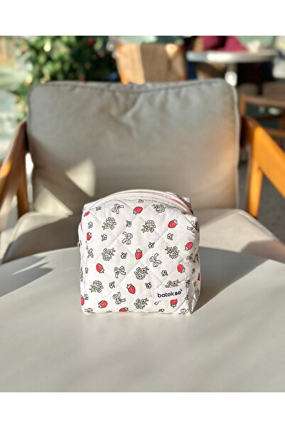 Batekso Kırmızı Çilek Desenli Makyaj Çantası - Küçük Boy