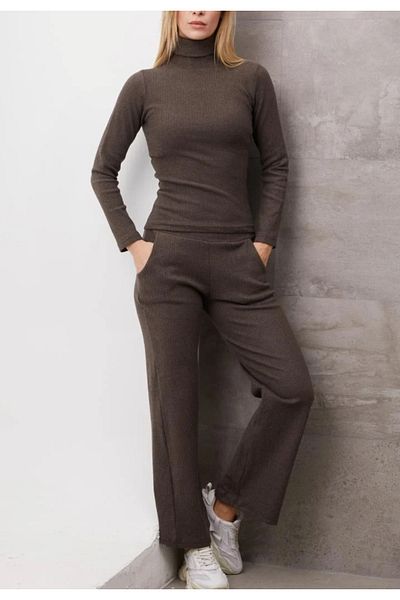 Ayfer Brown Ribbed Camisole Fabric High-Top Collar Bottom Top Pants Suit