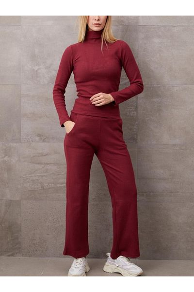 Ayfer Burgundy Ribbed Camisole Fabric High-Rise Collar Bottom Top Pants Suit