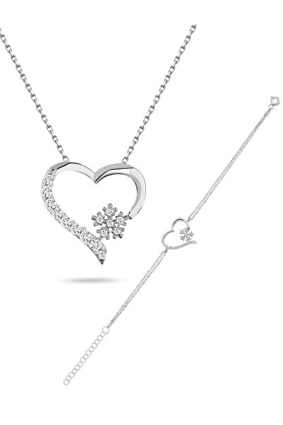 Brezza Lusso Jewelry 925 Ayar Gümüş Zirkon Taşlı Kar Tanesi Kalpli Kolye Bile...