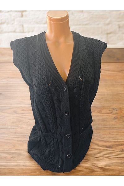 TUTUYA TEXTIL Houndstooth Knitted Dowry Casual Pocketed Knitwear Mother's Vest Winter Seasonal Vest