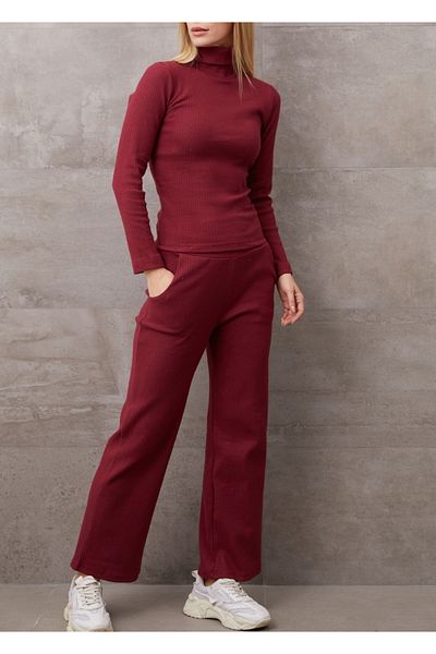 Ayfer Burgundy Ribbed Camisole Fabric High-Rise Collar Bottom Top Pants Suit