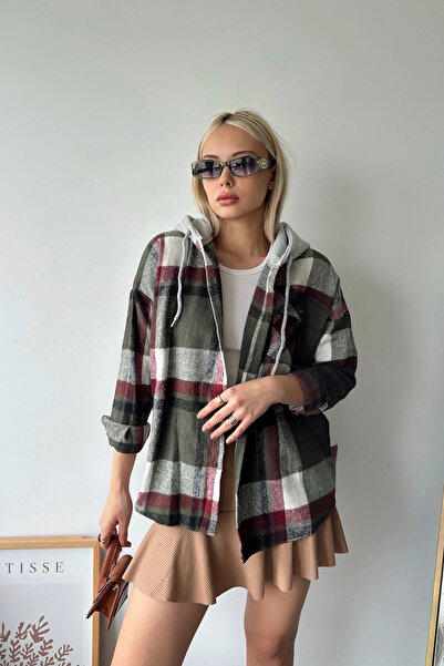 bacc Γυναικείο πουκάμισο με καρό χακί υπερμεγέθη κασμίρ - Hooded Bcpk-236004