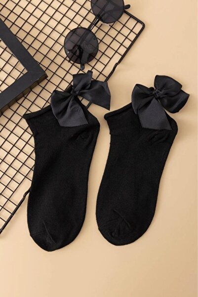 MySire Black Bow Bamboo Black Socks - Seamless Toe, Soft Black Women's Socks
