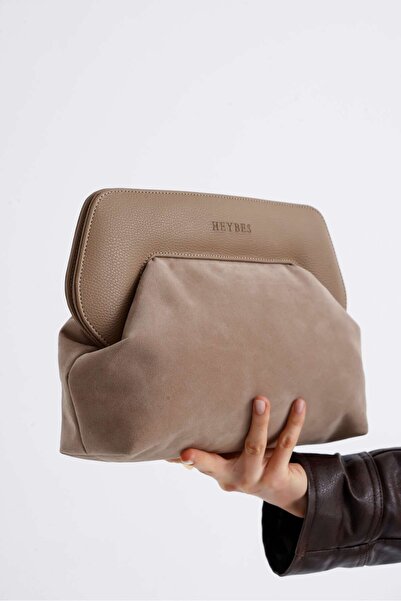 HEYBE'S Heybes Women's Mink Leather Detailed Suede Clutch Handbag