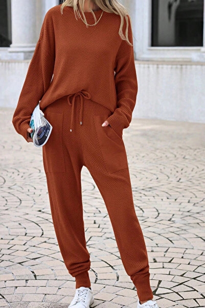 bacc Tile Colored Women's Knitwear Set - Comfortable Fit, Crew Neck, Double Pocket Bottom/High Bc24Yg157Stn