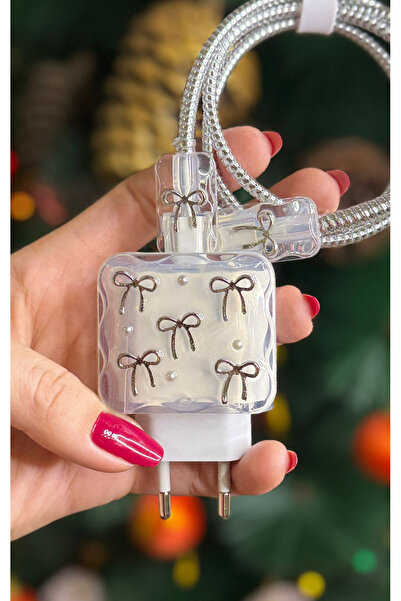 İPAX 18/20 W Iphone Şarj Aleti Kılıfı Sarj Kablo Koruyucu Gümüş Fiyonklu Sarj...