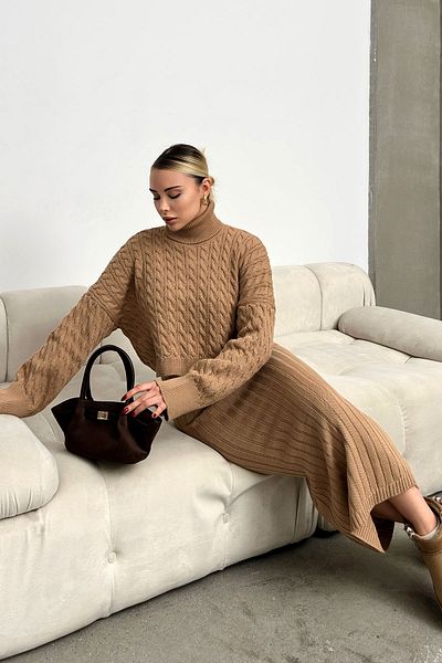 bacc Női keksz magas nyakú kötött motívum Crop pulóver és kötöttáru ruha szett Bc 231004