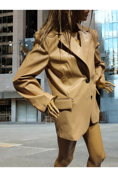 modayiğit Deri leopar desen astarlı blazer ceket