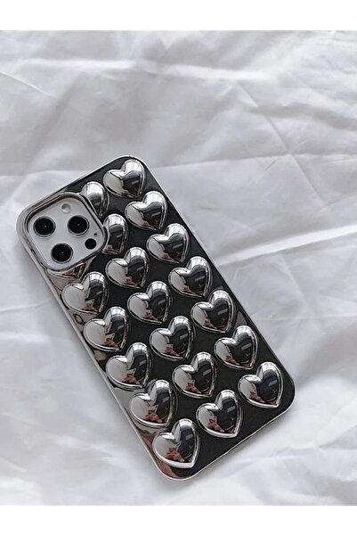 Butik İphone 13/14 metalik silikon gümüş charmlı telefon kılıfı