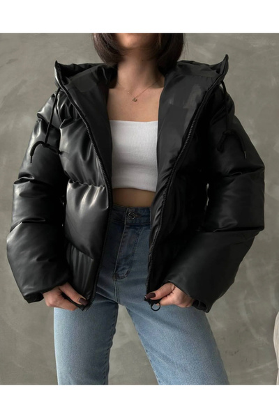 Ekim Store Чорна шкіряна куртка з капюшоном