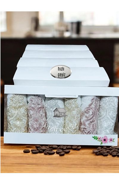 Hızlı Çeyiz Laced Satin Embroidered Patterned Boxed Luxury Dowry Set 50x90 Set of 6 Hand and Face Towels