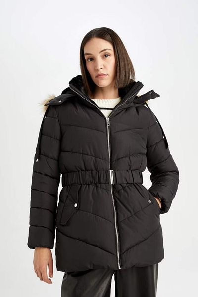 DeFacto Wasserabweisende Puffer-Pufferjacke, winddicht, mit Kapuze, mit Kunstfell innen, gesteppt, mit Gürtel, leicht, lang