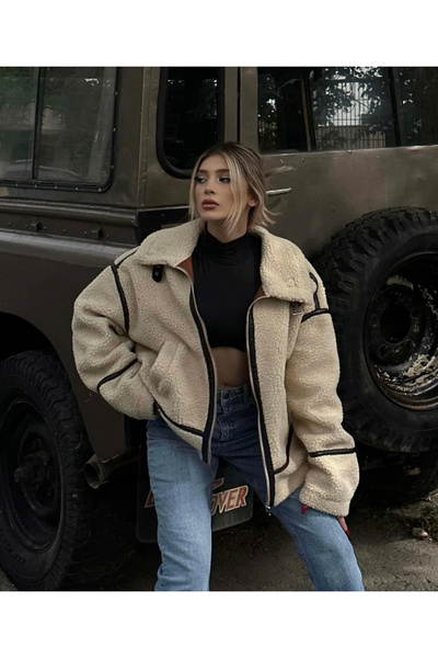 Ekim Store Ekru Peluş Oversize Biker Mont