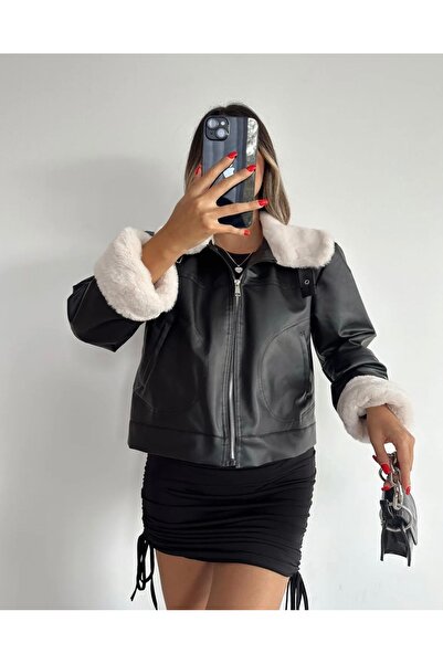 Ekim Store Μαύρο βελούδινο γιακά με φερμουάρ Crop δερμάτινο μπουφάν