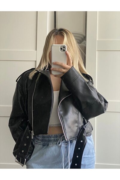 Ekim Store Oversize Crop Δερμάτινο Μπουφάν με Μαύρη Ζώνη