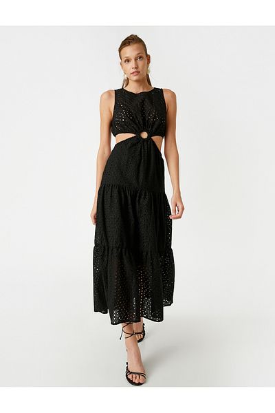 Koton Window Detailed Embroidery Long Black Dress