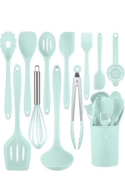 COOYA 12 Piece Silicone Cookware Set,Heat Resistant Non-Stick Cookware with Storage Cup,Hangable,Green
