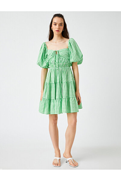 Koton Fodor léggömb ujjú kockás ruha - fűzős részlet