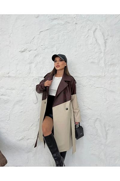 Ekim Store Trench din piele lungă, căptușită cu curea cu nasturi duble