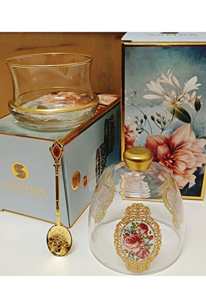 SAMSA Gold Rose Patterned - 1 Piece Turkish Delight Candy Bowl with Metal Spoon Gift
