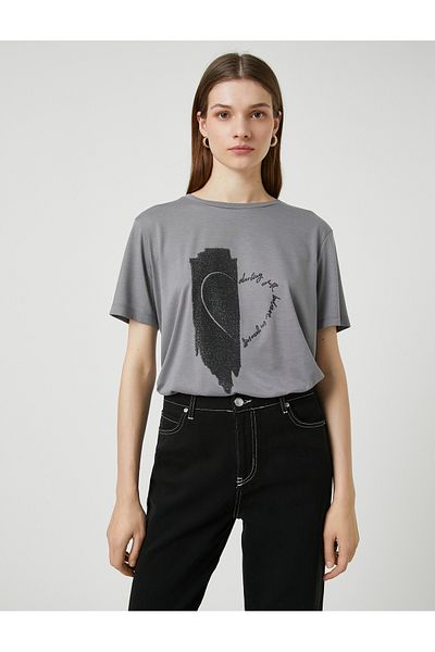 Koton Relax Fit Short Sleeve Glitter T-Shirt - Printed