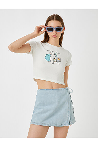 Koton Τυπωμένο Crop T-Shirt Crew Neck