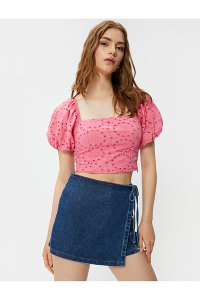 Koton Crop Embroidered Blouse Balloon Sleeve Elastic