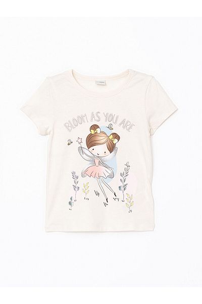 LC Waikiki Lcw Kids Ecru Crew Neck Printed Girl's Pajama Set