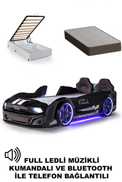 Ferramini Bazalı Arabalı Yatak Siyah Kapıları Açılan Mustang Full Ledli Kumandalı ve Müzikli + Ortopedik Yatak