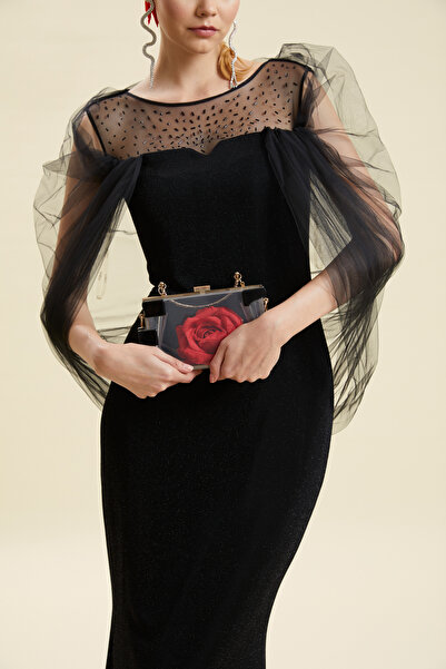 VERDA Μαύρο βραδινό φόρεμα - με λεπτομέρεια από τούλι και κέντημα με χάντρες