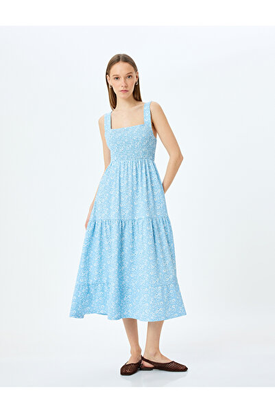 Koton Χοντρό λουράκι Floral Midi Αμάνικο Φόρεμα Gimped και Twist