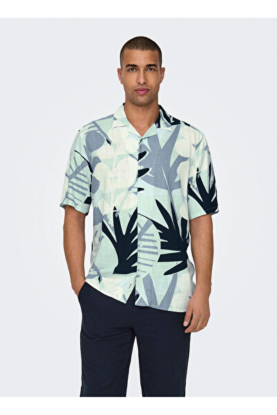 Only & Sons Удобна мъжка риза с тюркоазен десен - ONSBERTIL REG VISC LINEN AO...