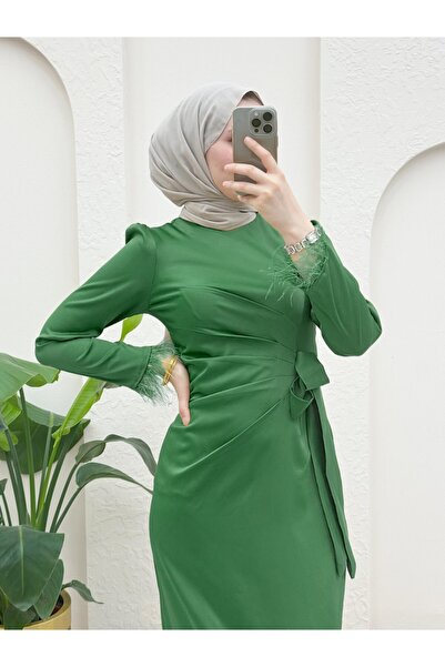 Modamorfo Green Satin Evening Dress - Sleeves Feather and Side Tie