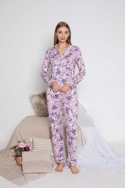 GUAVA+ Sandy Collar Buttoned Purple Flower Patterned Women's Long Sleeve Pjamas Suit